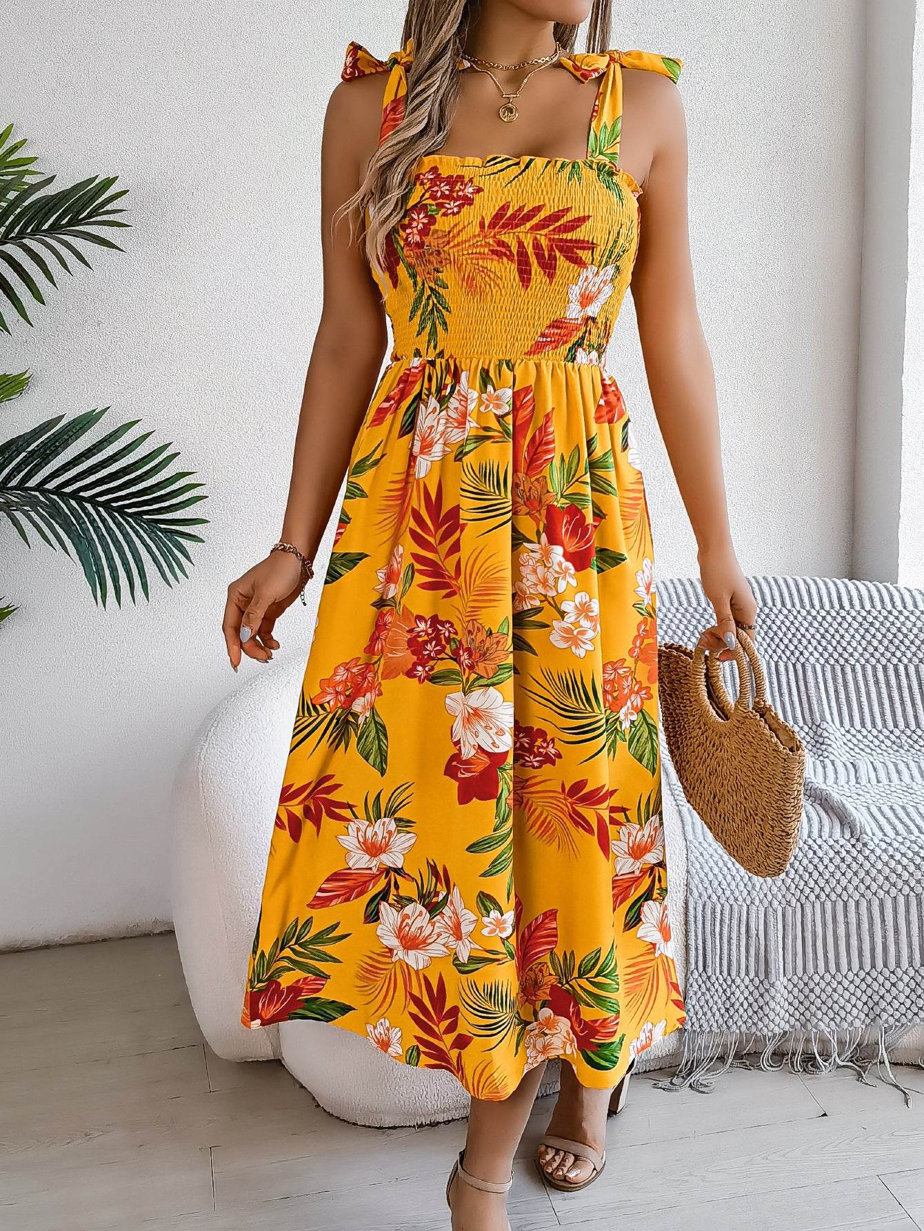 Flowers Print Suspender Corset Dress Ins Fashion Holiday Beach Long Dresses Summer Clothing For Women - Velora