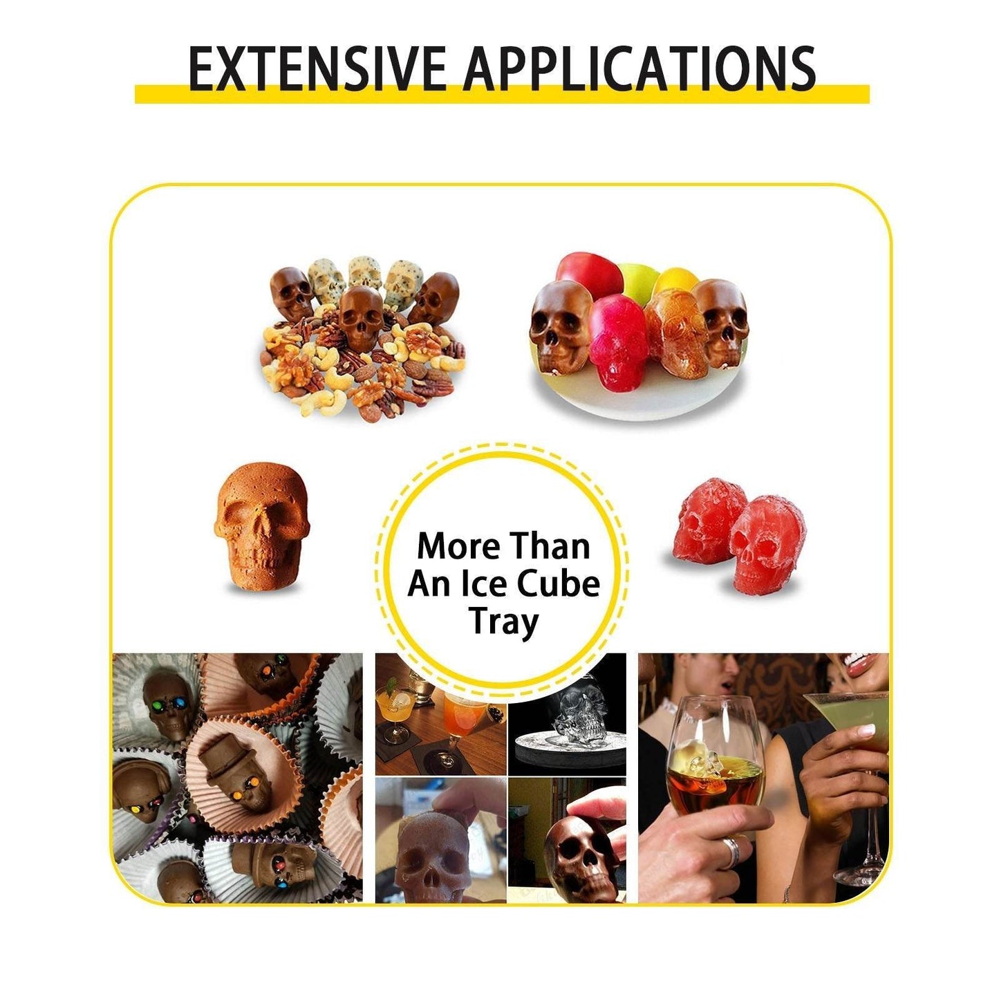 Skull Ice Cube Tray, 6-Grid Skull Ice Ball Maker, Flexible Black Silicone Ice Tray With Lid & Funnel, Skull Ice Cubes In 3 Distinct Patterns For Beverages & Chocolates On Parties & Holidays - Velora