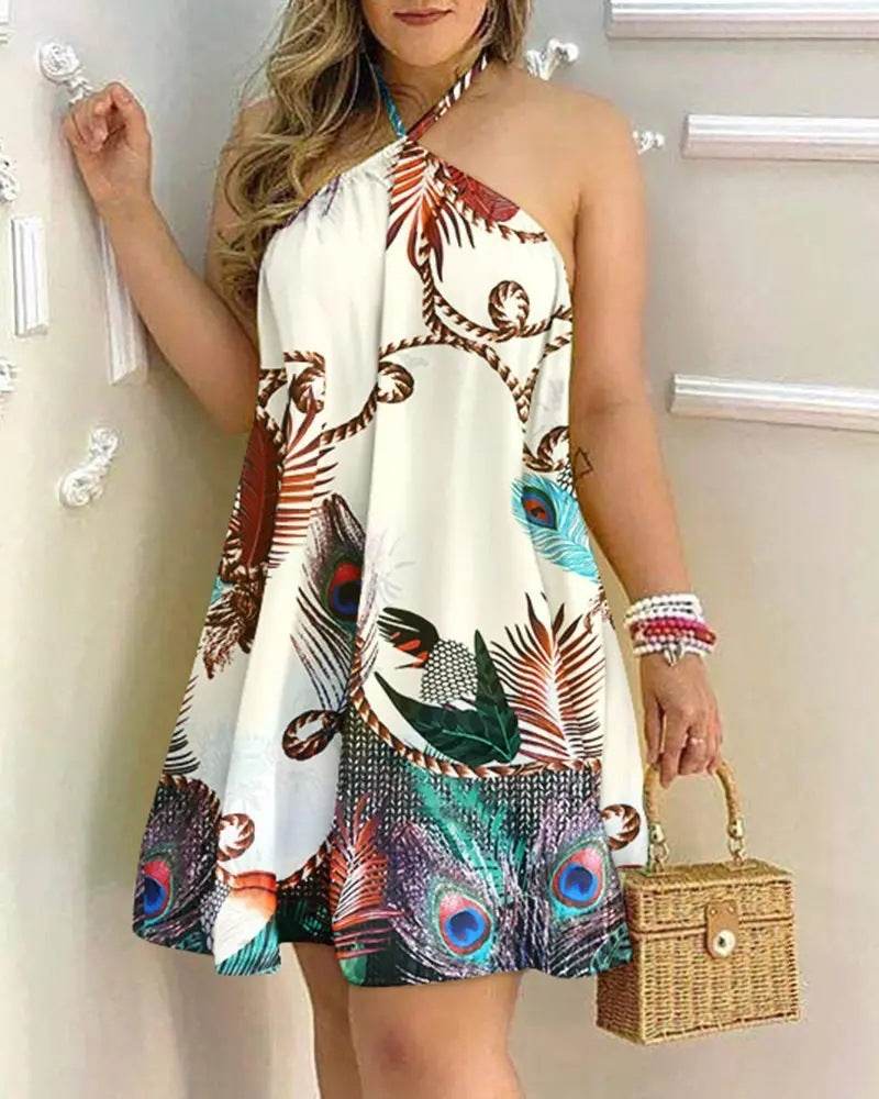 Printed Dress Summer Off-Shoulder Hanging Neck Sleeveless Sexy Dresses Women - Velora