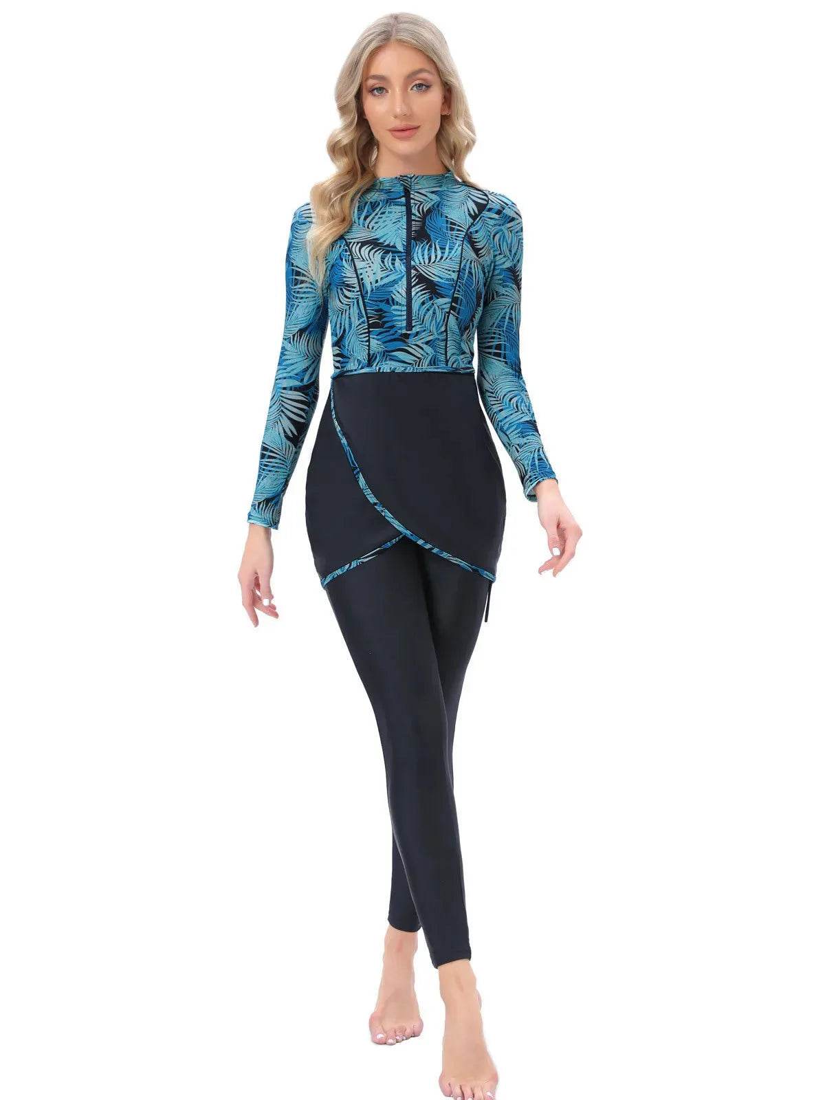 Long Sleeve Zipper ArabSwimsuit With Hat Chest Pad 3 Piece Conservative - Velora