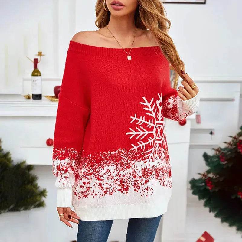 Snowflake Off-the-shoulder Cashmere Christmas Sweater top Women - Velora