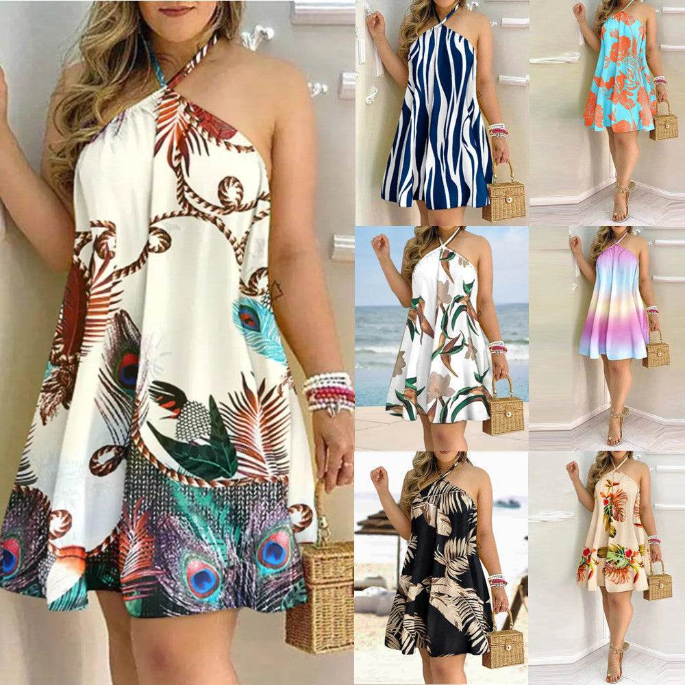 Printed Dress Summer Off-Shoulder Hanging Neck Sleeveless Sexy Dresses Women - Velora