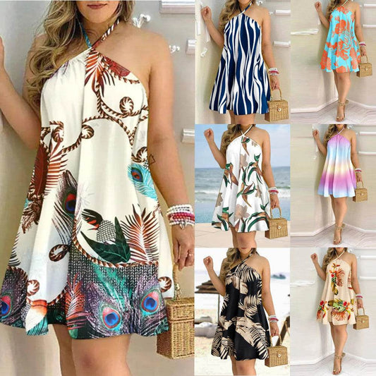 Printed Dress Summer Off-Shoulder Hanging Neck Sleeveless Sexy Dresses Women - Velora
