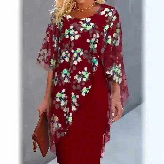 Printed Floral Chiffon Fashion Straight Cut Modest Dress - Velora