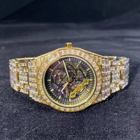 Hip Hop Full Square Diamond Luminous Hollow Mechanical Watch - Velora
