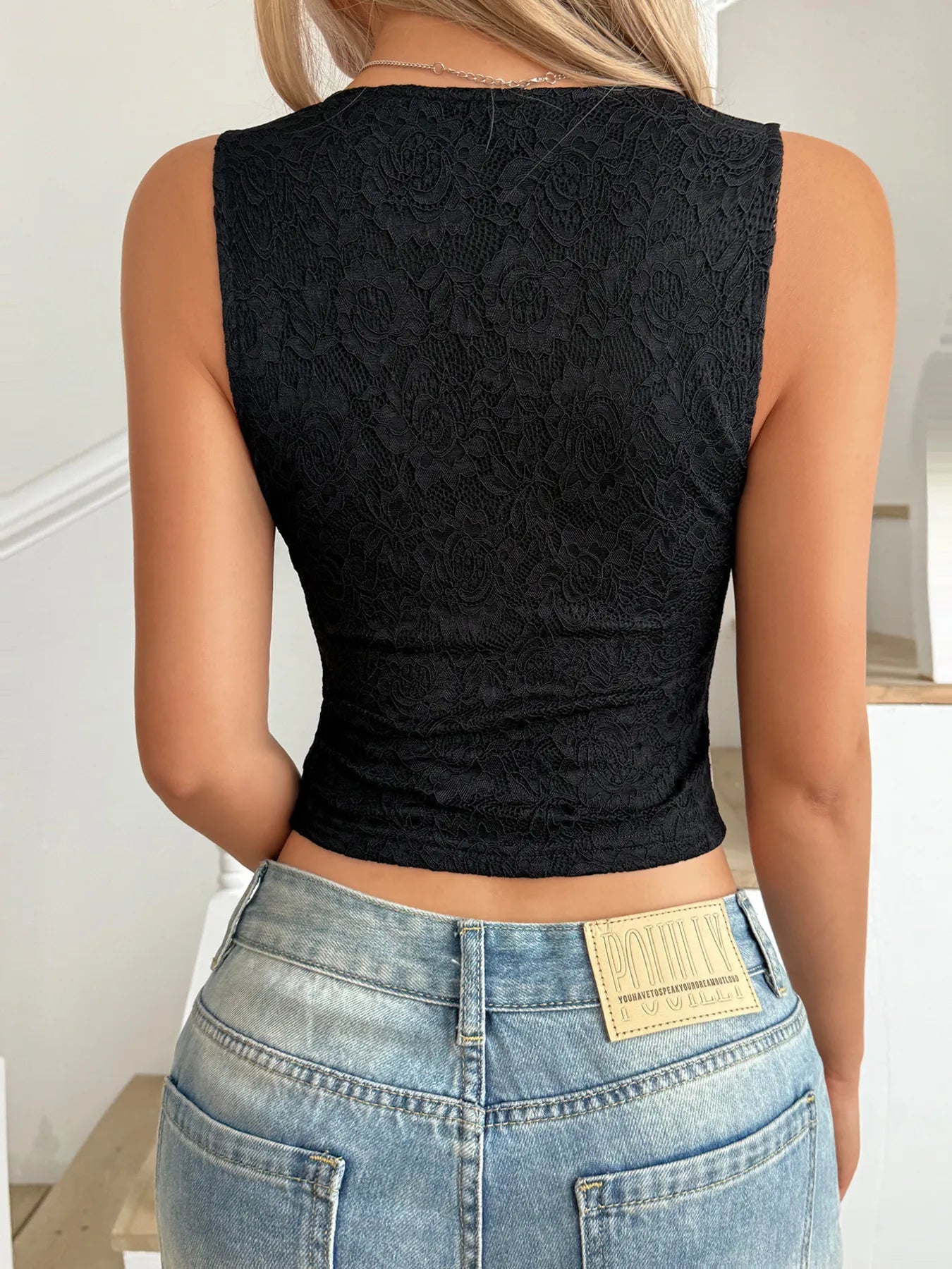 Lace V-Neck Cami Top with Scalloped Hem - Velora