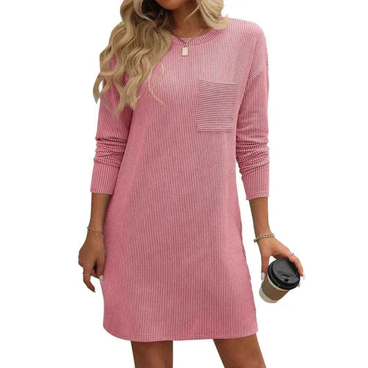 Casual New Solid Color Striped With Pockets Long Sleeve Loose Mini Dress Fashion Round Neck Straight Dress Women's Clothing - Velora