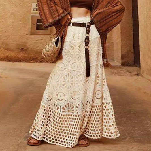 Spring Summer Crochet Lace Patchwork A- Line Beach Skirt Holiday Style Hollow-out flared flowy Maxi Skirt - Velora