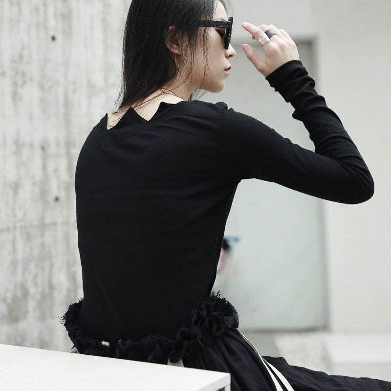 Long Sleeve Top Serrated Irregular Collar Base - Velora