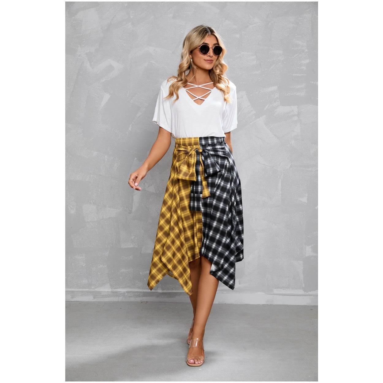 Elegant Irregular Lace-Up Check Midi Skirt street wear fashion Women's Plaid Skirts High Waisted Knot Front Asymmetrical Hem Mini Skater Skirt - Velora