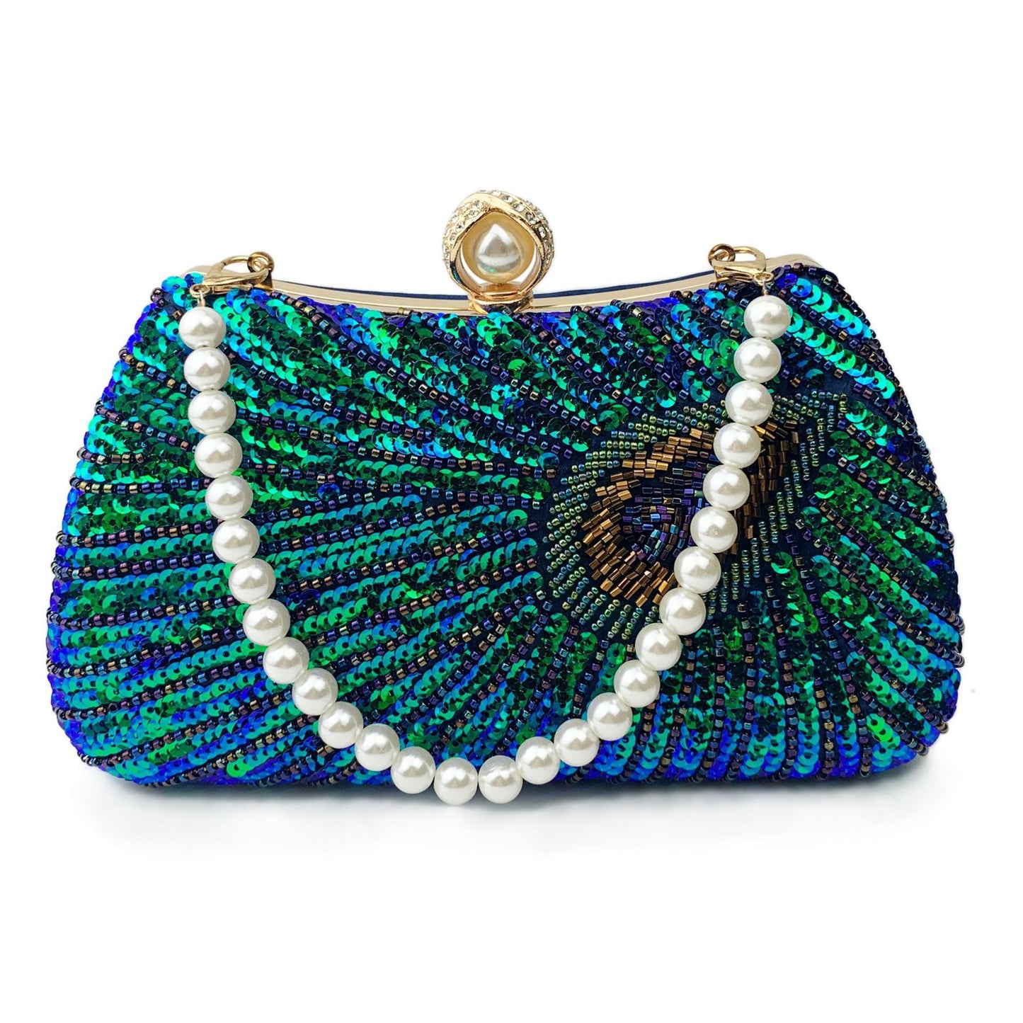 Beaded Peacock Feather Large Pearl Rhinestone Large Capacity Crossbody Shoulder Bag