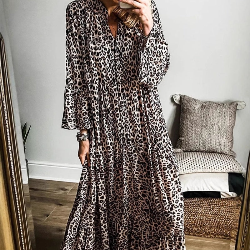 European And American Leopard Print Long Women's Clothing Printed Fashion Loose V-neck Buttons Dress