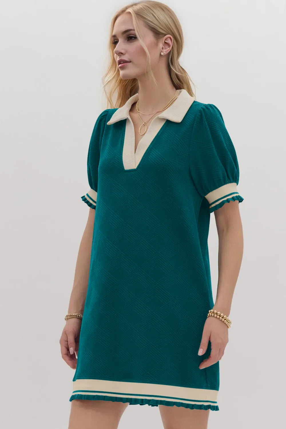 Oh Frill Contrast Trim Johnny Collar Short Sleeve Mini Dress - Velora