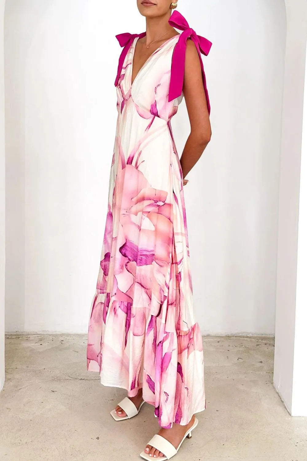 Printed V-Neck Tie Shoulder Midi Cami Dress - Velora