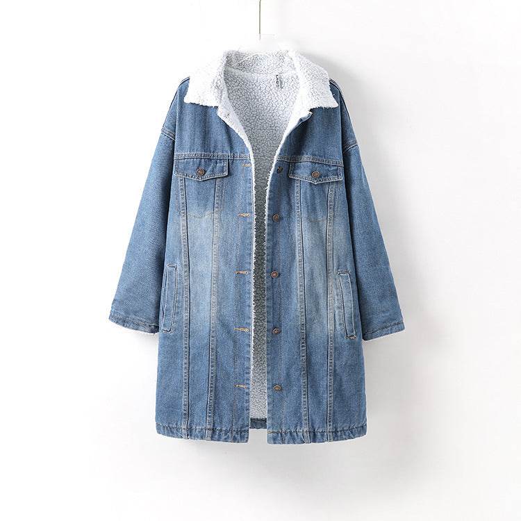 Blue Fleece Lined Denim Jacket 3/4 Sleeve Unisex Jeans Jacket - Velora