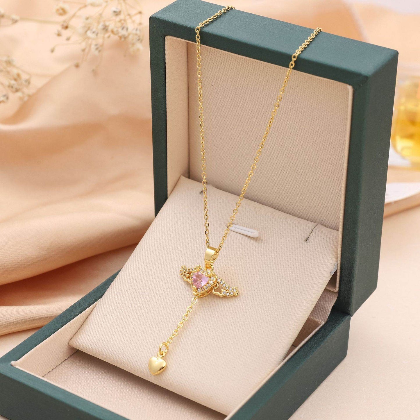 Moving Cupid Heart Angel Wings Tassel Necklace With Crystal Clavicle Chain Women Jewelry Gift Valentine's Day - Velora