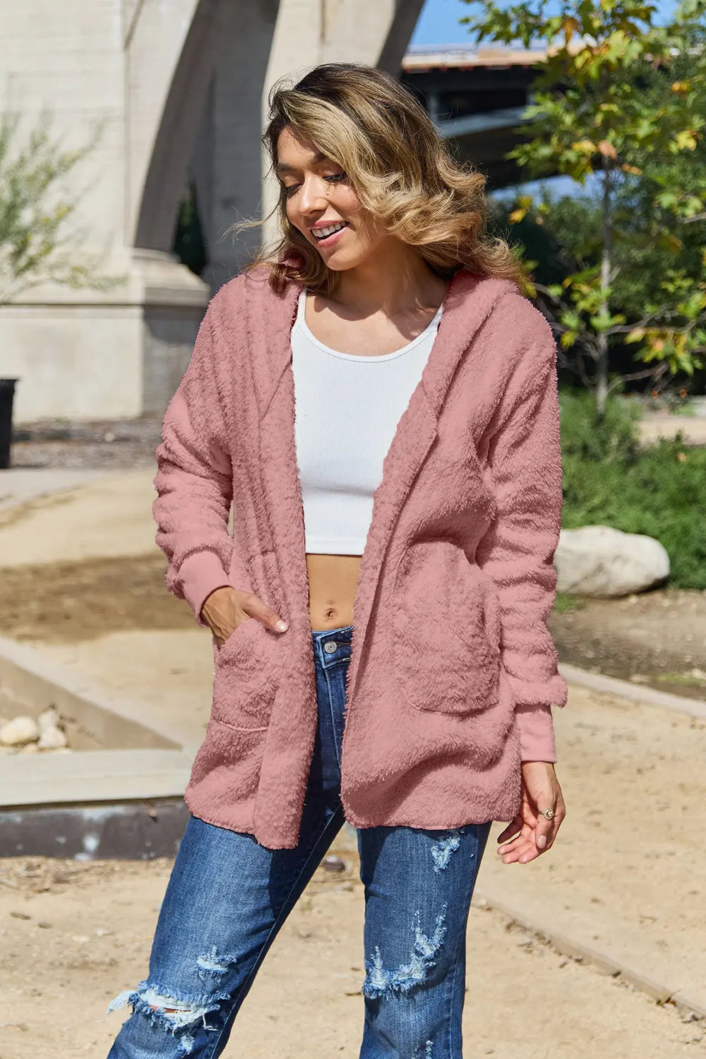 Full Size Teddy Hooded Jacket with Pockets - Velora