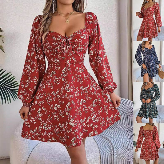 Fashion Floral Print Lantern Sleeve Dress Casual Sexy Tie Square Neck Long Sleeve A-Line Dress Women's Clothing - Velora