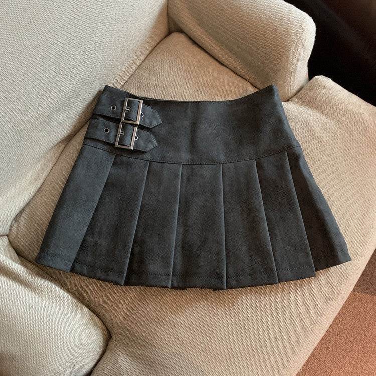 Women's American-style Vintage Mini Pleated Leather Skirt - Velora