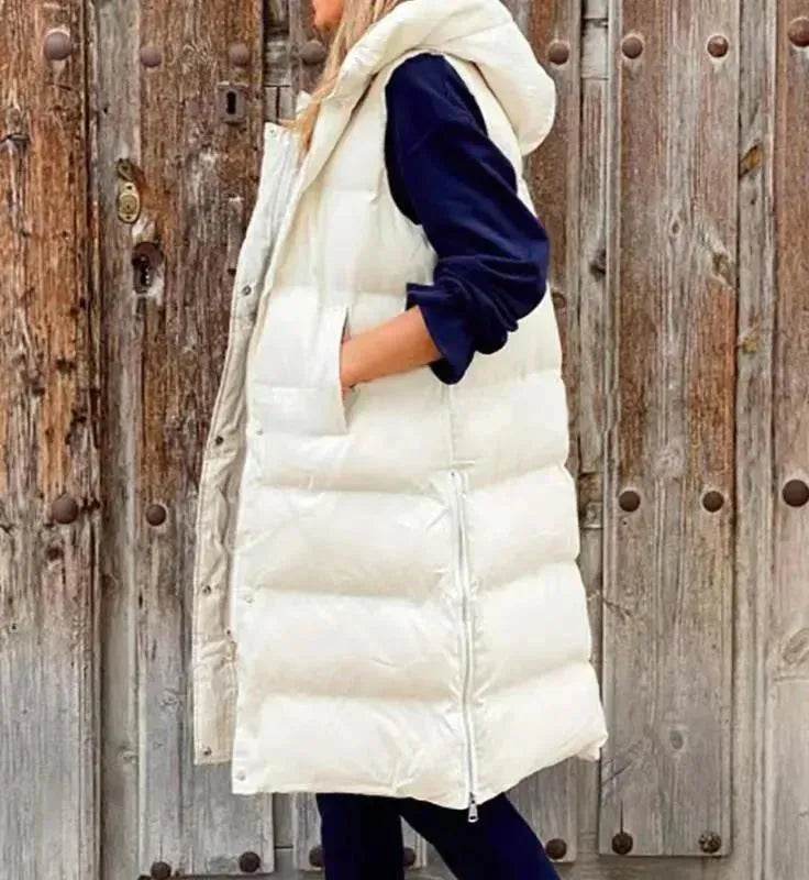 Pure Color Hooded Long Cotton Quilted Puffer Vest Casual - Velora