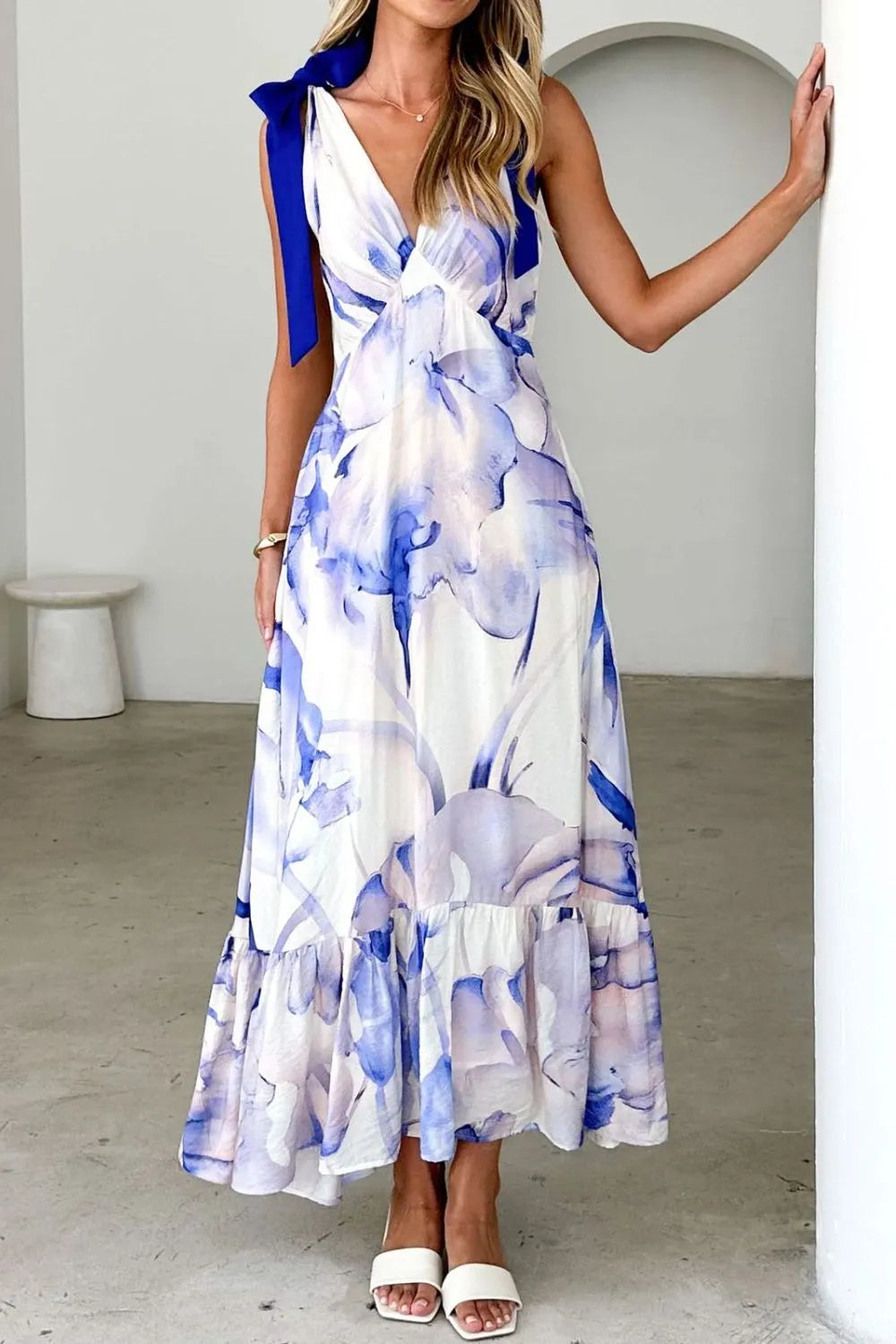 Printed V-Neck Tie Shoulder Midi Cami Dress - Velora