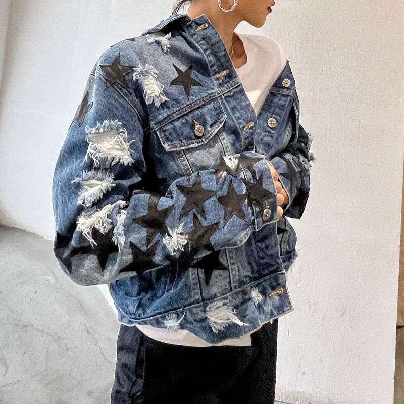 Lapel Star Patch Shredded Single Breasted Denim Jacket For Women - Velora