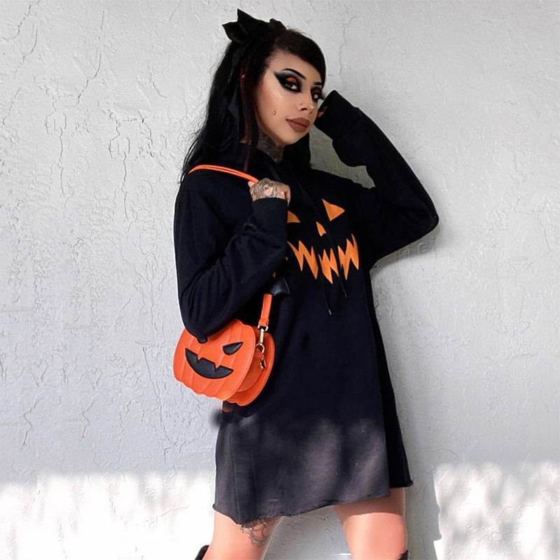 Halloween Costume Pumpkin Print Long Sleeve Hoodie Dress - Velora