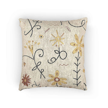 Neutral Floral Embroidered Woven Pillow | Boho Farmhouse Throw Cushion