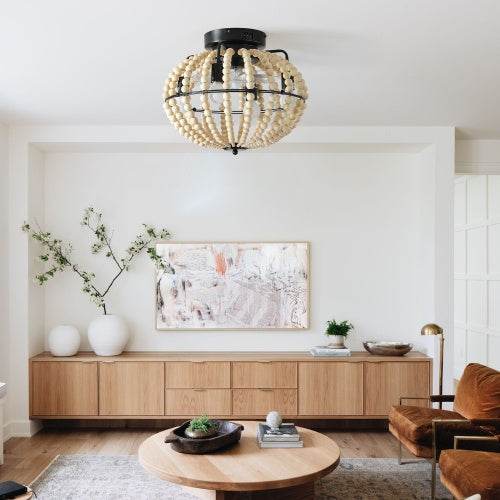 Beaded Fan Lamp Wooden Beaded Chandelier Oak White - Velora