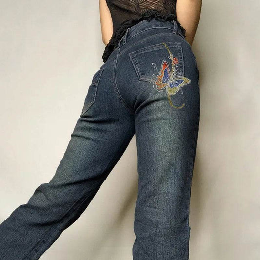 Fashion Women's Sexy High Waist Retro Individual Butterfly Print Bootcut Jeans - Velora