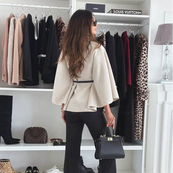New Stand Collar Batwing Sleeves Cloak Top With Belt Ins Fashion Temperament Jacket Woolen Sweater Outwear For Women Clothing - Velora