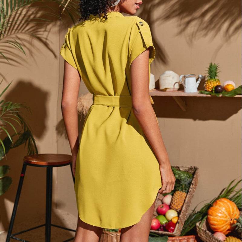 V-neck Short Sleeve Dress With Belt Summer Fashion Bowknot Dresses For Women Clothing - Velora