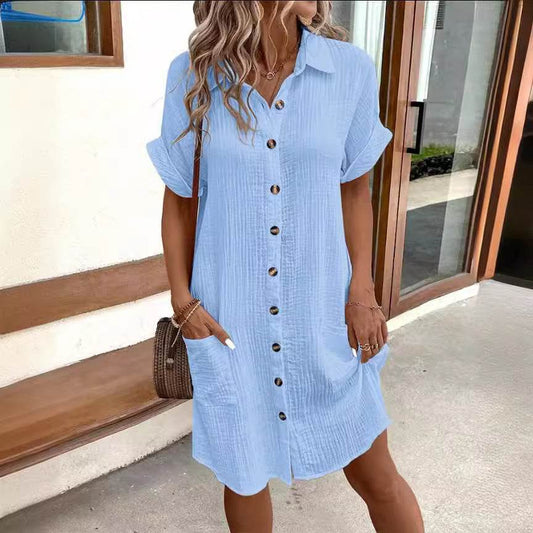 Summer Short Sleeve Shirt Dress Fashion Solid Color Single-breasted Mid-length Loose Dress - Velora