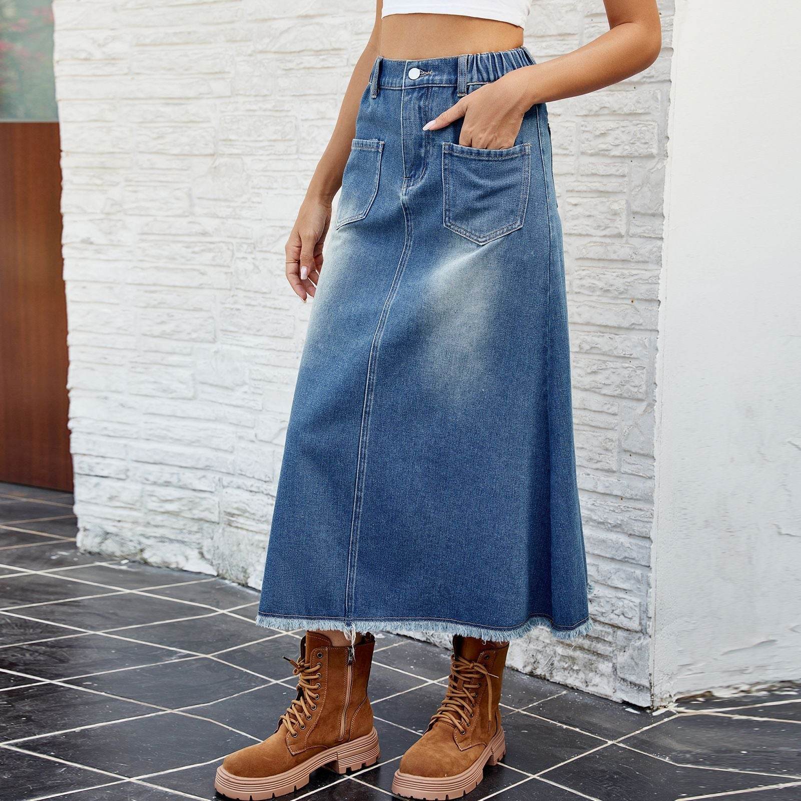 European And American Washed Frayed Hem Blue Denim Midi Skirt - Velora
