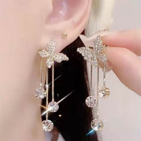 Fashion Jewelry Shiny Butterfly Rhinestone Drop Dangle Earrings Women Elegant Long Pearl Tassel Chain Pendant Party Jewelry - Velora