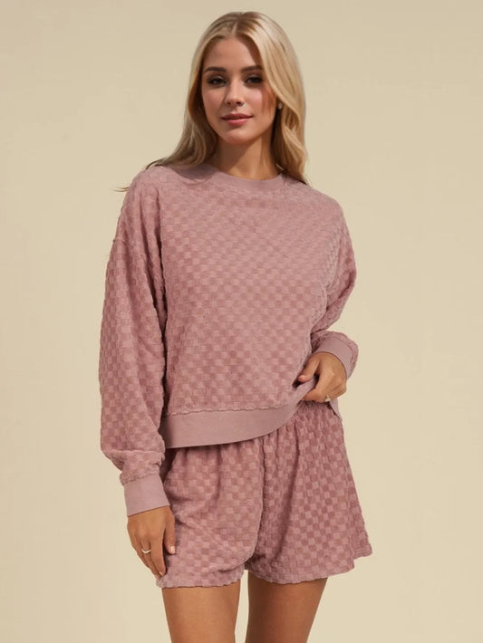 Oh Checkered Round Neck Long Sleeve Top and Shorts Set - Velora