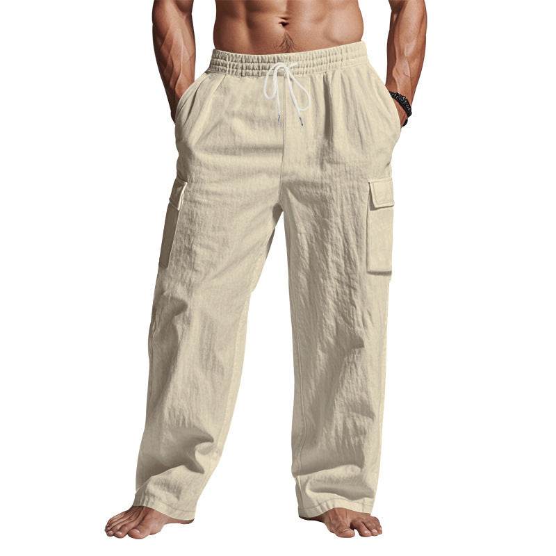 Men's Workwear Multi-pocket Straight Linen Pants Linen Four Seasons Thin Breathable Cargo Pants, Multi-pocket Loose Casual Trendy Wide-leg Pants - Velora
