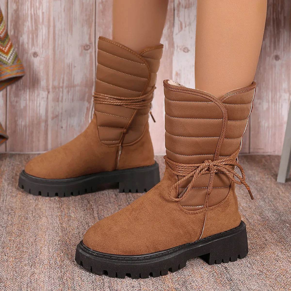 Fashion Mid-calf Snow Boots With Lace-up Design Winter Warm Thickened Low-heeled Boot Women's Casual Shoes Outdoor - Velora