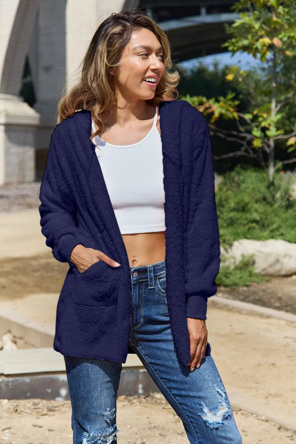 Full Size Teddy Hooded Jacket with Pockets - Velora