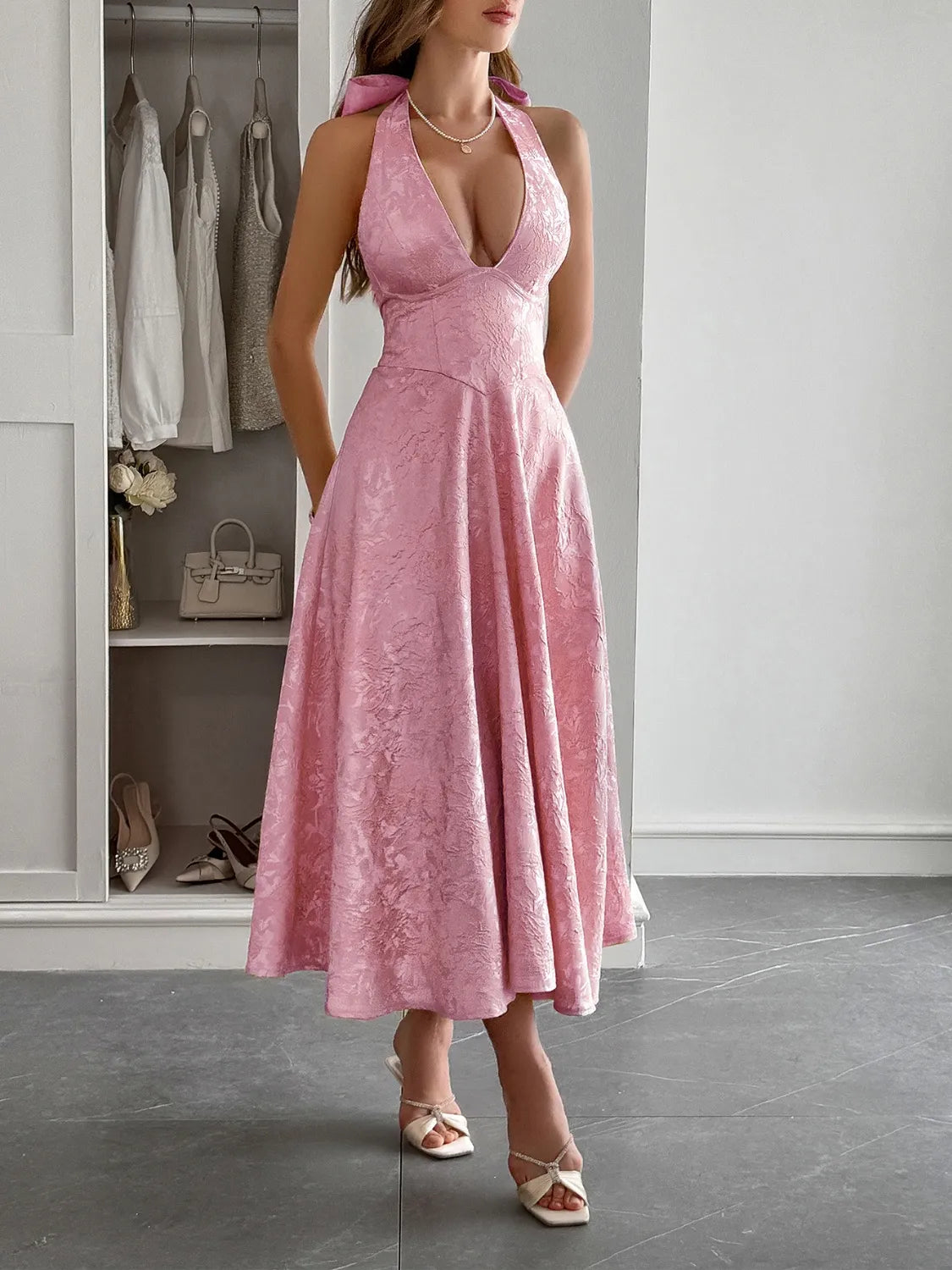 Halter Neck Midi Dress with Pockets - Velora