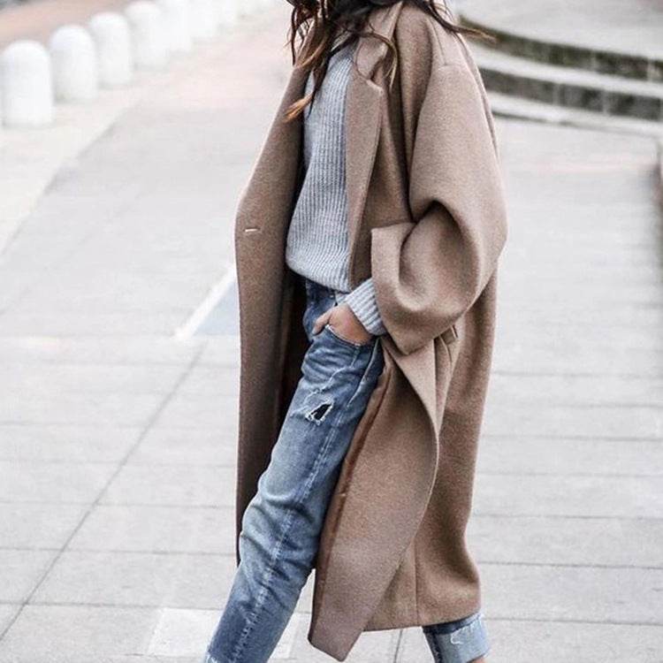 Casual Long Jacket With Pockets Solid Color Single Breasted Lapel Woolen Coat For Women Warm Winter Clothing - Velora