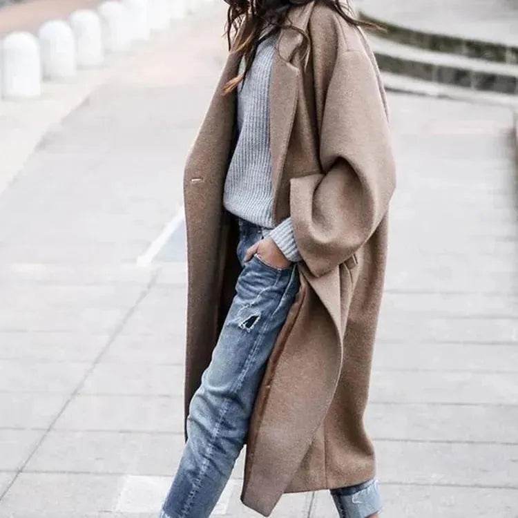 Lapel Single Breasted Women Winter Solid Woolen Trench Coat Long Jacket - Velora