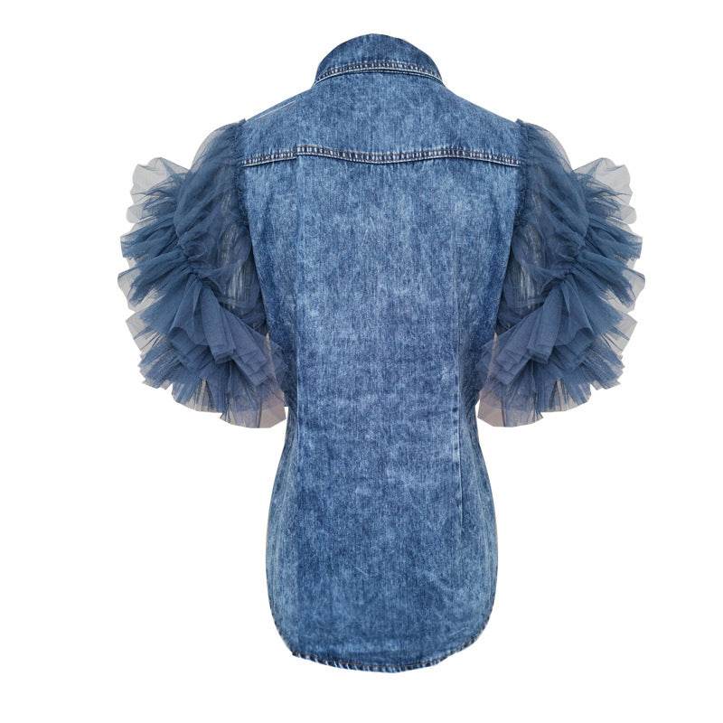 Single Breasted Lapel Frayed denim jacket Clothing top women - Velora