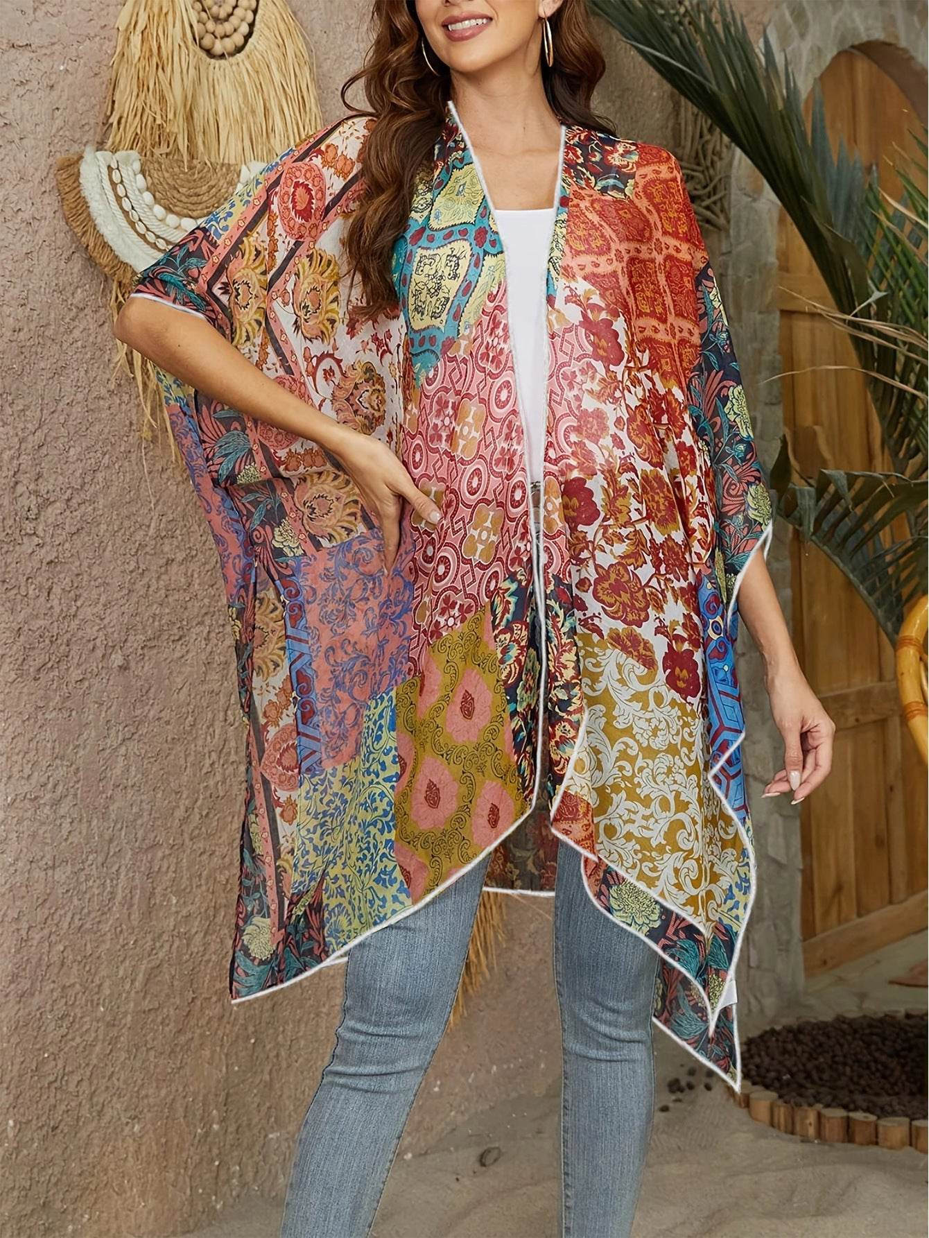 Spring Summer Printed Sun Protection Beach Kimono Cardigan Blouse top Women - Velora