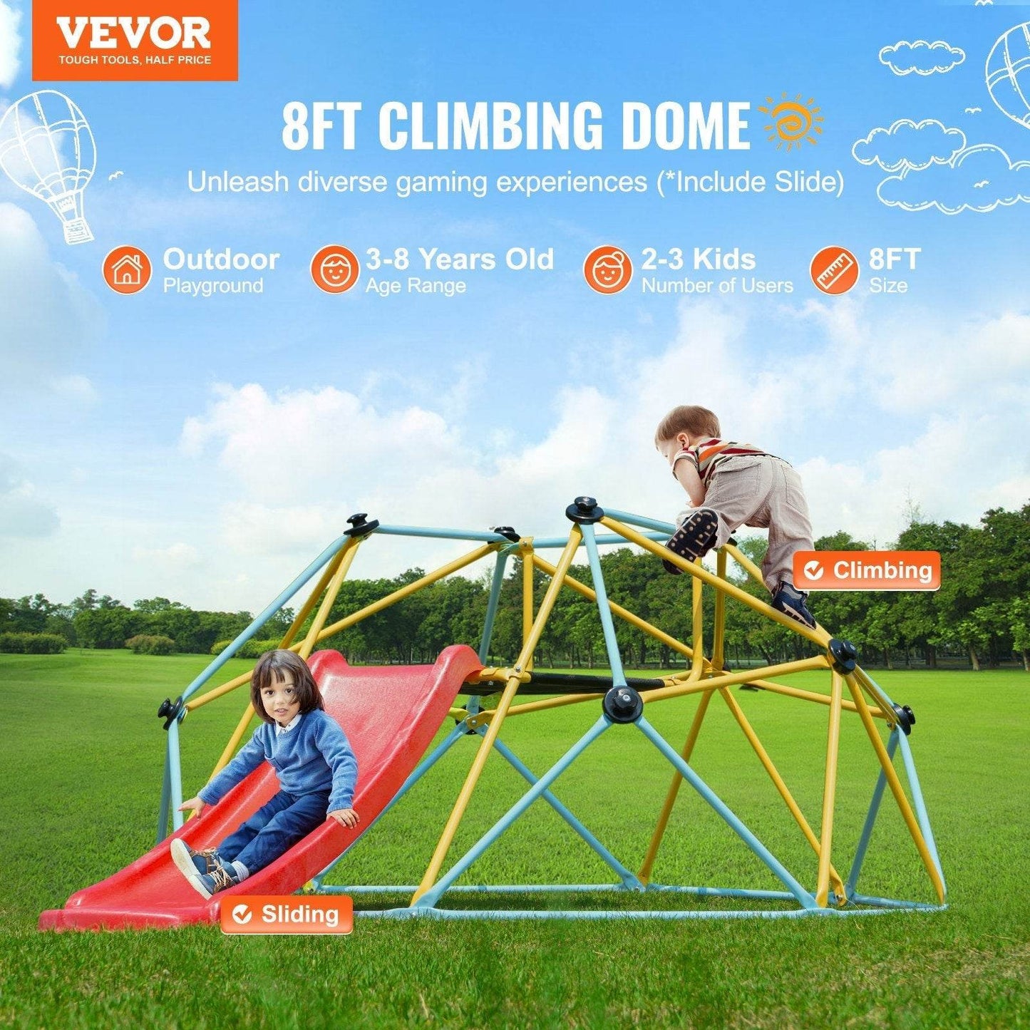 Climbing Dome, For Kids 3 To 9 Years Old, 8FT Geometric Dome Climber With Slide,Jungle Gym Supports 600LBS And Easy Assembly, With Climbing Grip, Outdoor And Indoor Play Equipment For Kids - Velora