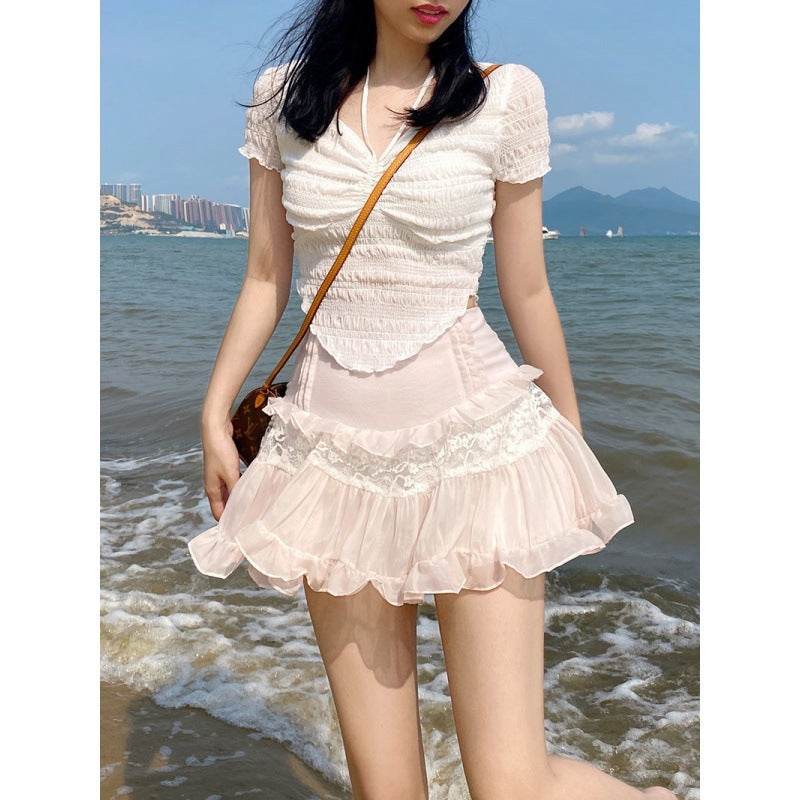 Sweet Girl Lolita High Waist Slimming Flounce Chiffon layered Mini Lace Skirt - Velora