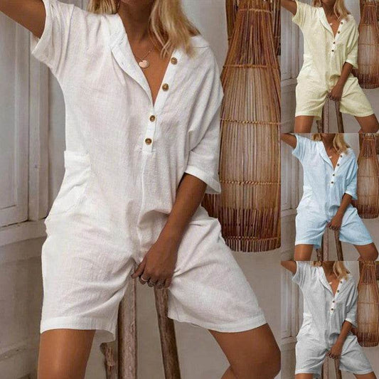 European And American Women's Lapel Cotton Linen Jumpsuit - Velora