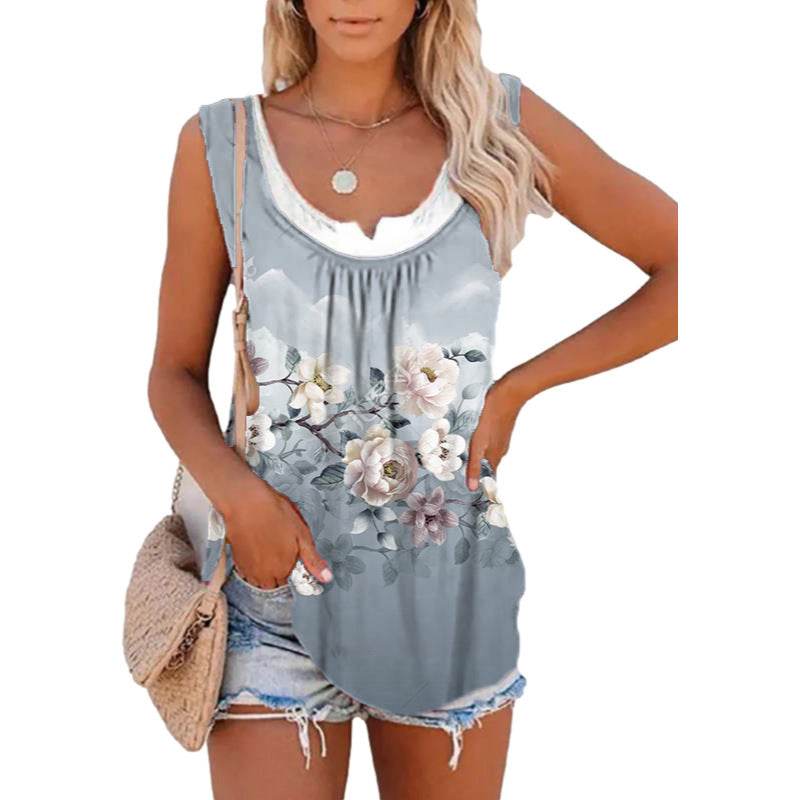Casual Spring And Summer Tops Printed Sleeveless Pleating Vest T-shirt For Women - Velora