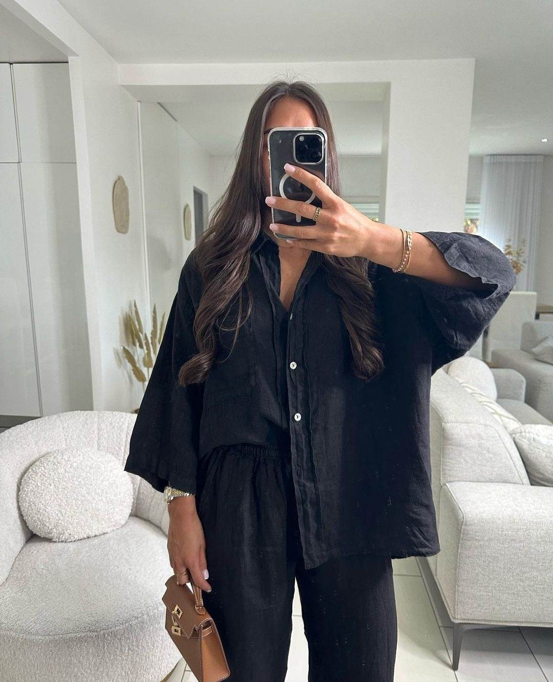 Casual Polyester Pocket Shirt Pants Suitable For Women's Wide Leg Pants, Long Sleeved Shirt Set, Women's Loose High Street Two-piece Set - Velora
