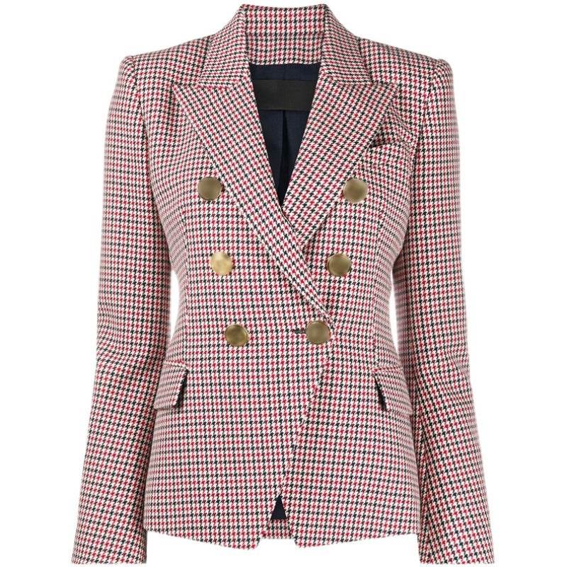 Houndstooth Small Jacket Women Long-Sleeved Double-Breasted Plaid Blazer - Velora